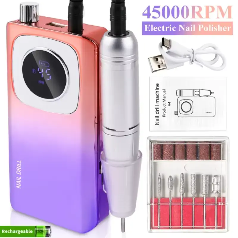 Professional 45000RPM Electric Nail Drill set with drill bits and charging cable.