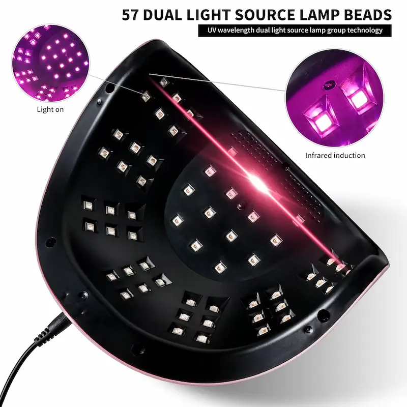 Internal view of 57 dual light source LED beads inside the nail curing lamp.
