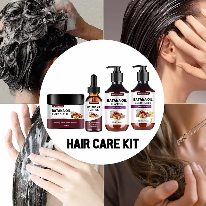 Step by step hair care routine using the complete Batana Oil Hair Kit.