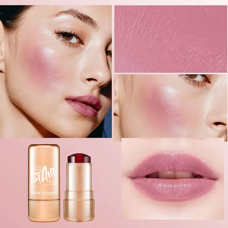 Soft berry mauve cheek makeup and lip color application on model face.