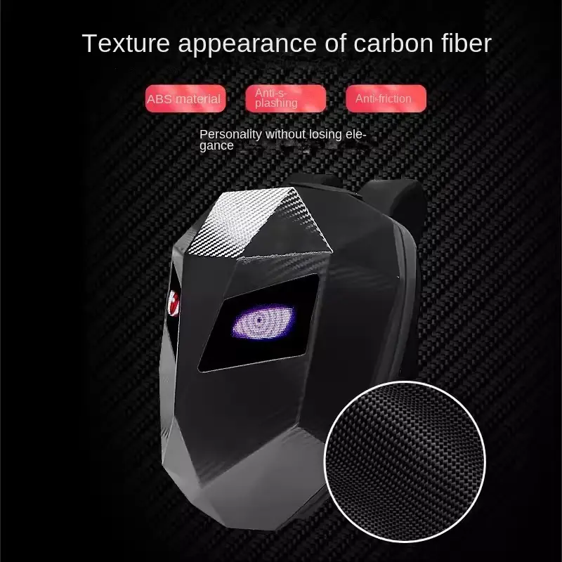 Close-up detail of scratch-resistant carbon fiber texture on a black hard-shell geometric bag.