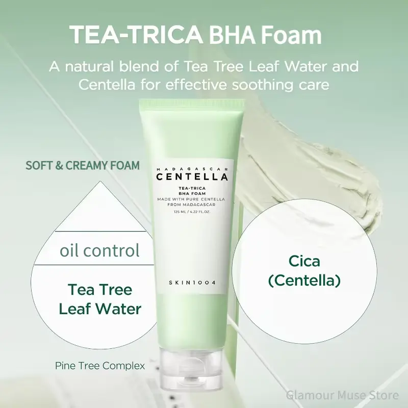 Green tube of Tea-Trica BHA Foam highlighting Tea Tree Leaf Water and Cica for oil control.