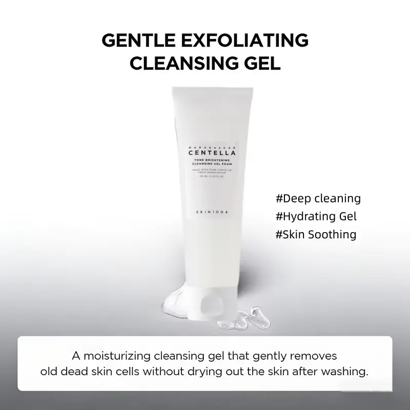 A white tube of Madagascar Centella Tone Brightening Cleansing Gel Foam with a clear gel texture splash.
