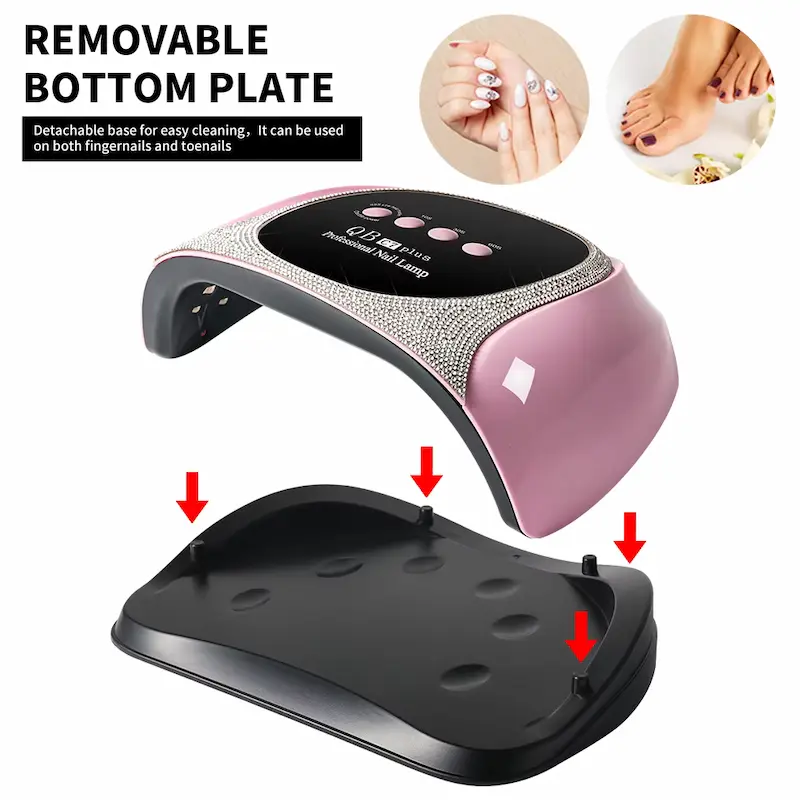 Professional nail lamp with a removable bottom plate for easy cleaning and pedicure use.