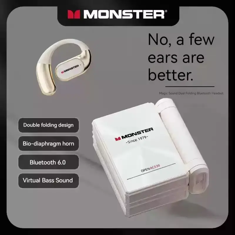 Folded white wireless listening device next to single hook piece.