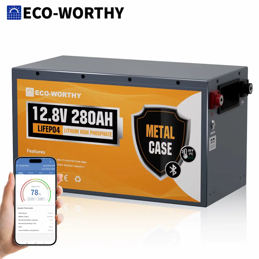ECO-WORTHY 280Ah Review featuring 12V metal case battery with Bluetooth app.