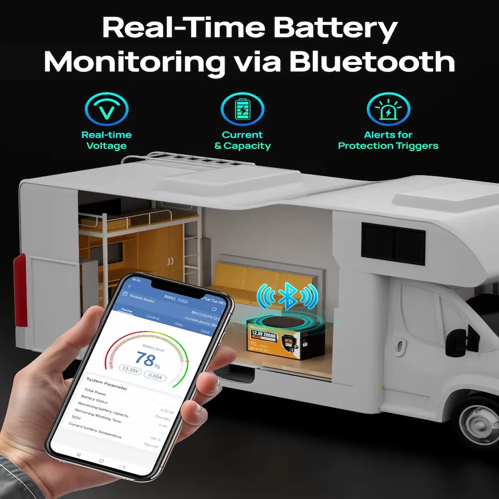 Smartphone displaying real-time battery status via Bluetooth inside motor home.