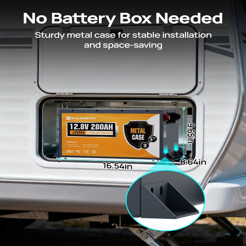 Compact battery installation in camper compartment showing physical measurements.