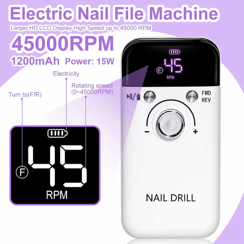 Close-up of the nail drill's HD LCD display showing 45,000 RPM speed, battery life indicator, and forward/reverse settings.