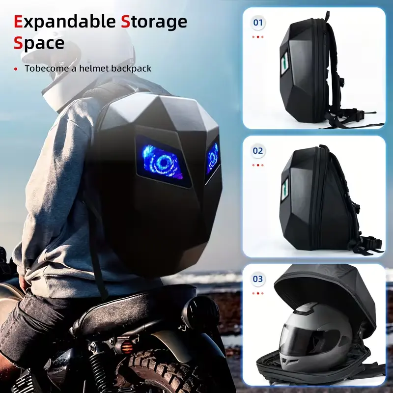 Side view showing the expandable storage space for a motorcycle helmet.