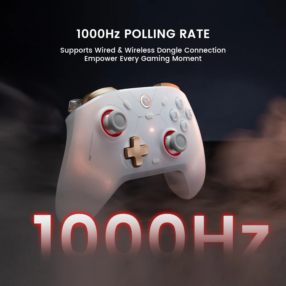GameSir Cyclone 2 white controller highlighting the 1000Hz polling rate for wired and wireless connections.