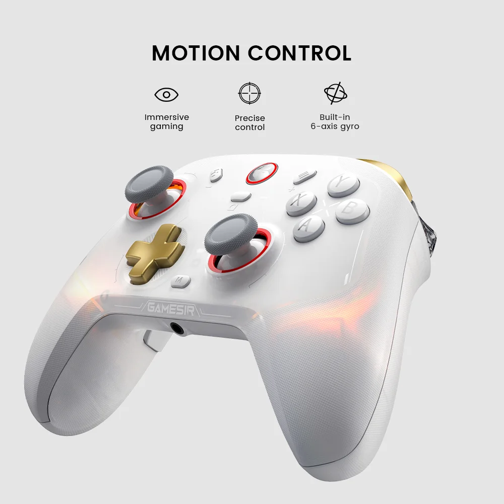 White GameSir Cyclone 2 controller showcasing built-in 6-axis gyro for immersive motion control.