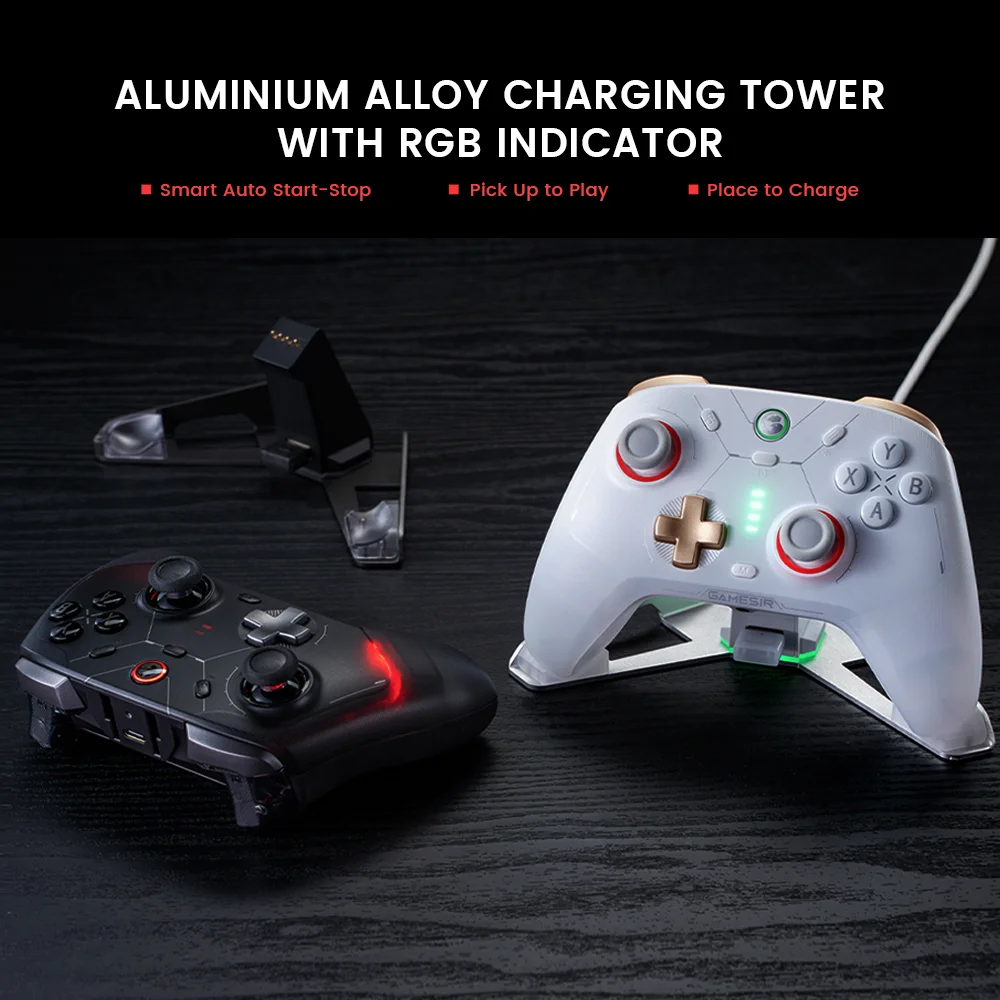 White GameSir Cyclone 2 controller placed on an aluminum alloy charging tower with green RGB charging indicator.