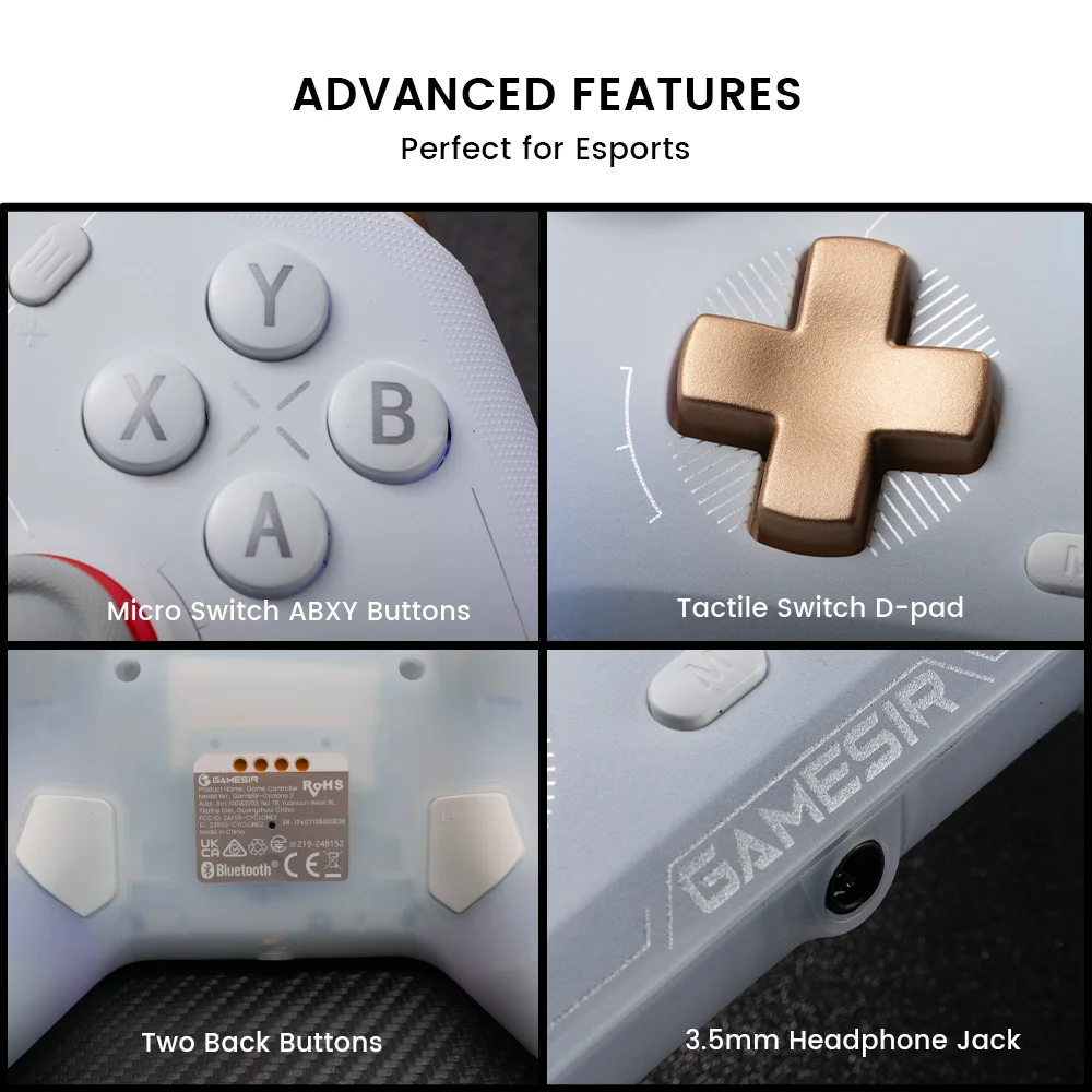 Collage showing GameSir Cyclone 2 micro switch ABXY buttons, tactile D-pad, back buttons, and 3.5mm headphone jack.