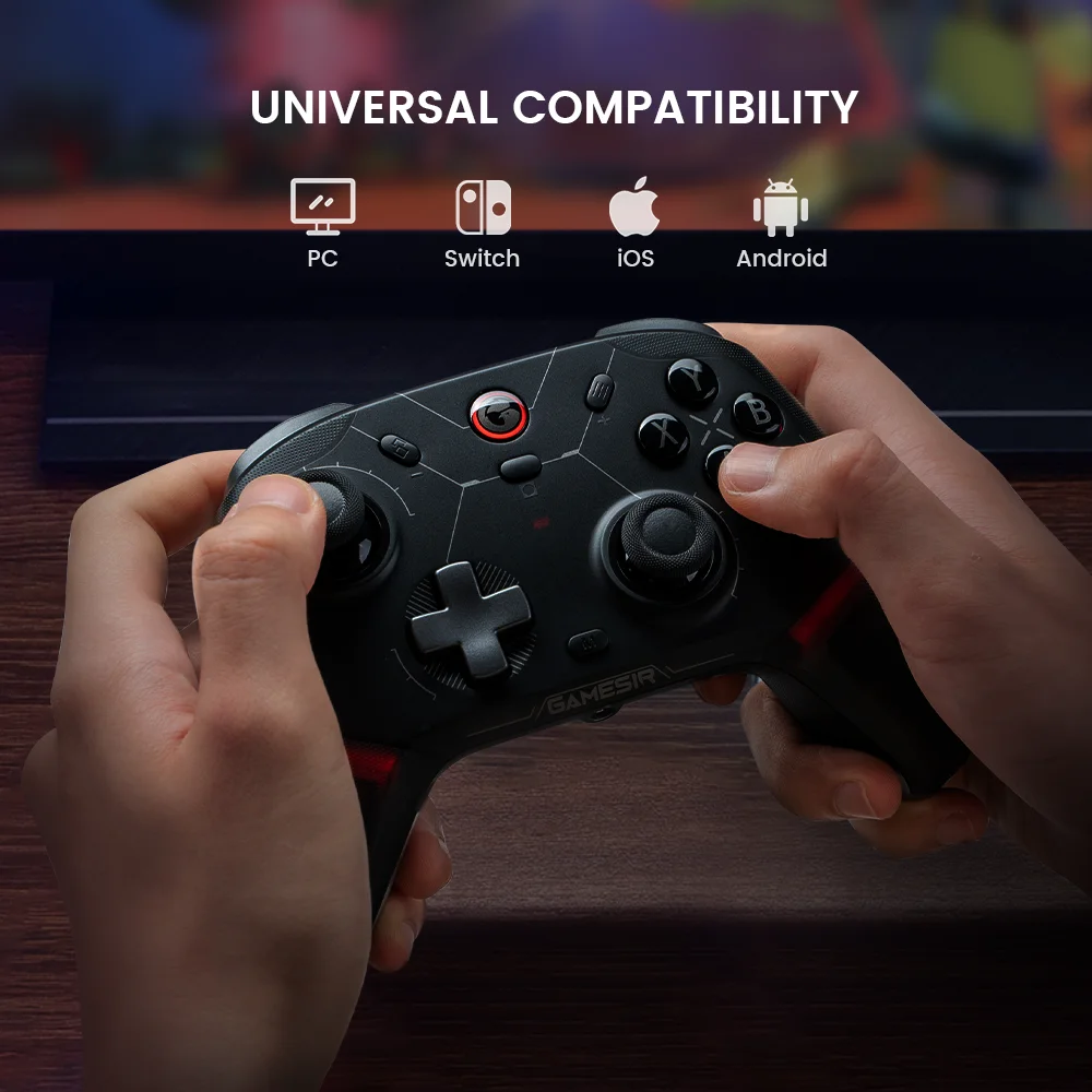 A person holding the GameSir Cyclone 2 with icons showing compatibility for PC, Nintendo Switch, iOS, and Android.