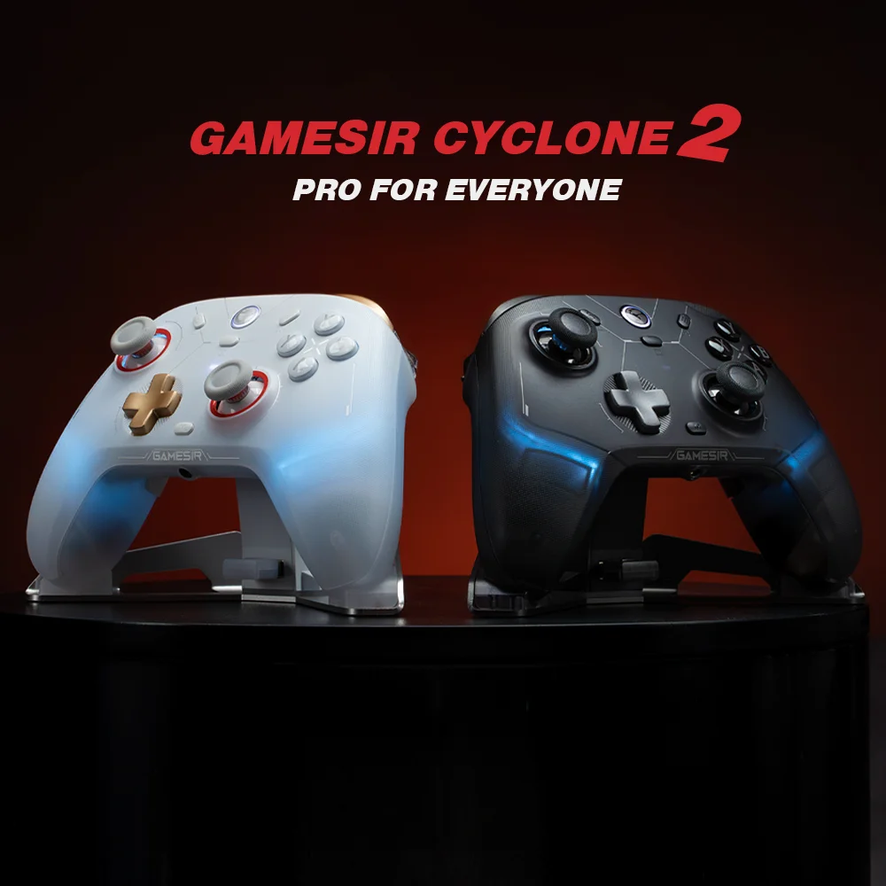 GameSir Cyclone 2 wireless controllers in white and black on display stands with blue RGB lighting.