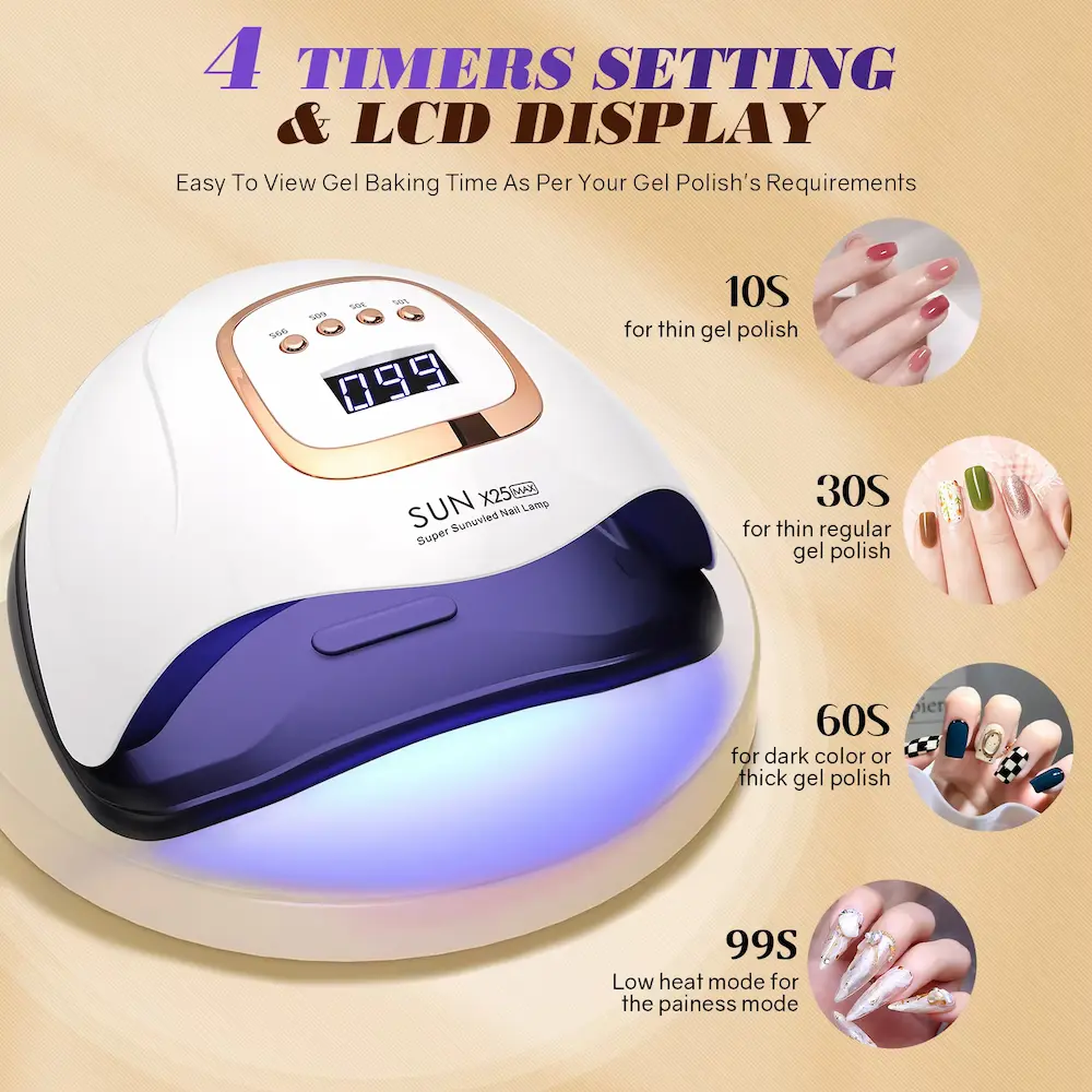Four different curing time options displayed for various gel polish application types.
