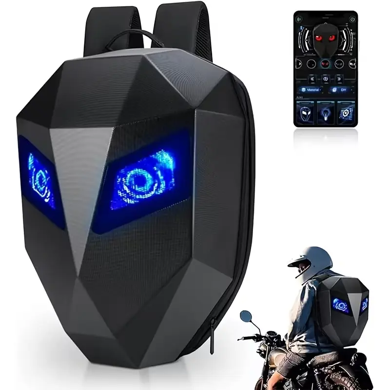 Gelrova Knight LED motorcycle backpack with glowing blue programmable eyes.