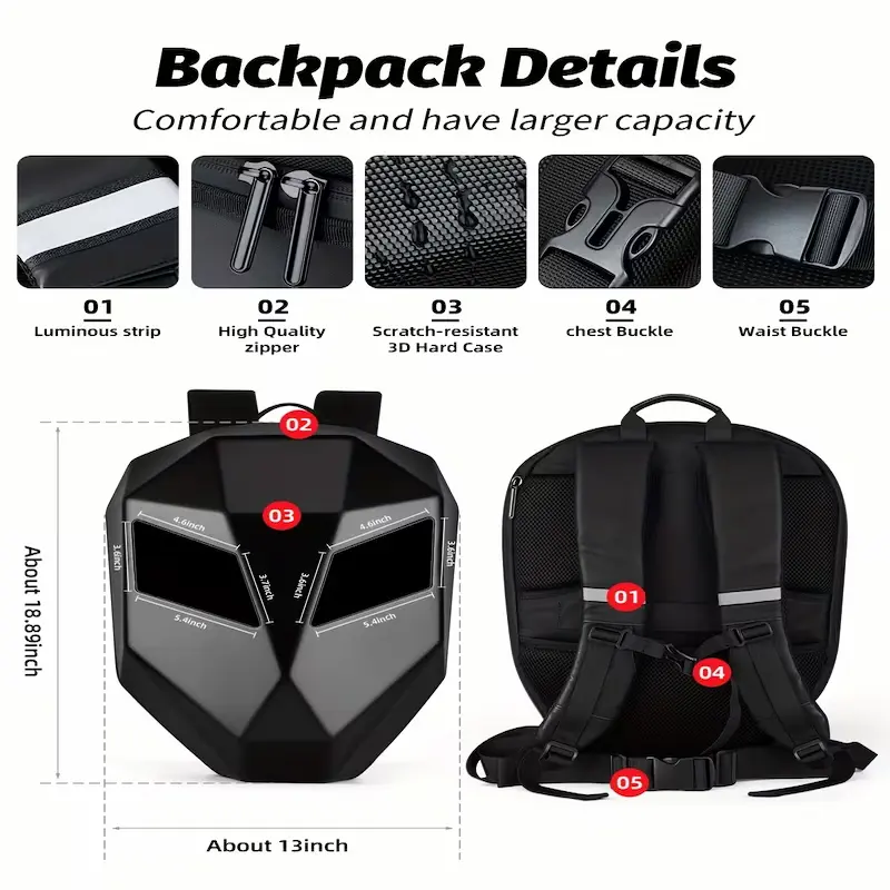 Diagram showing the 18.89-inch height and 13-inch width of the backpack.