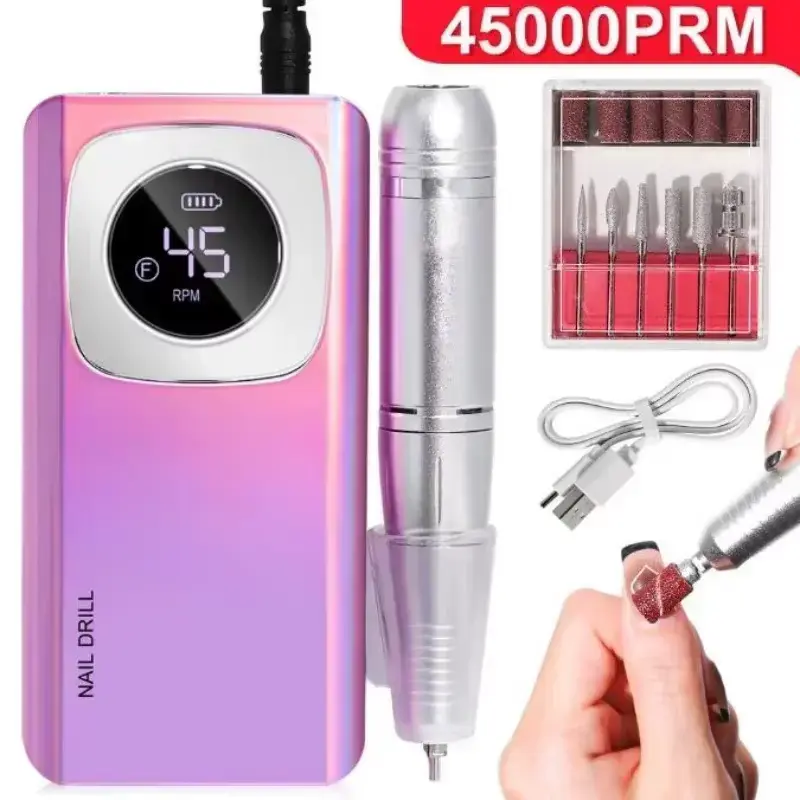 Gradient purple 45000RPM Electric Nail Drill machine with handpiece holder.