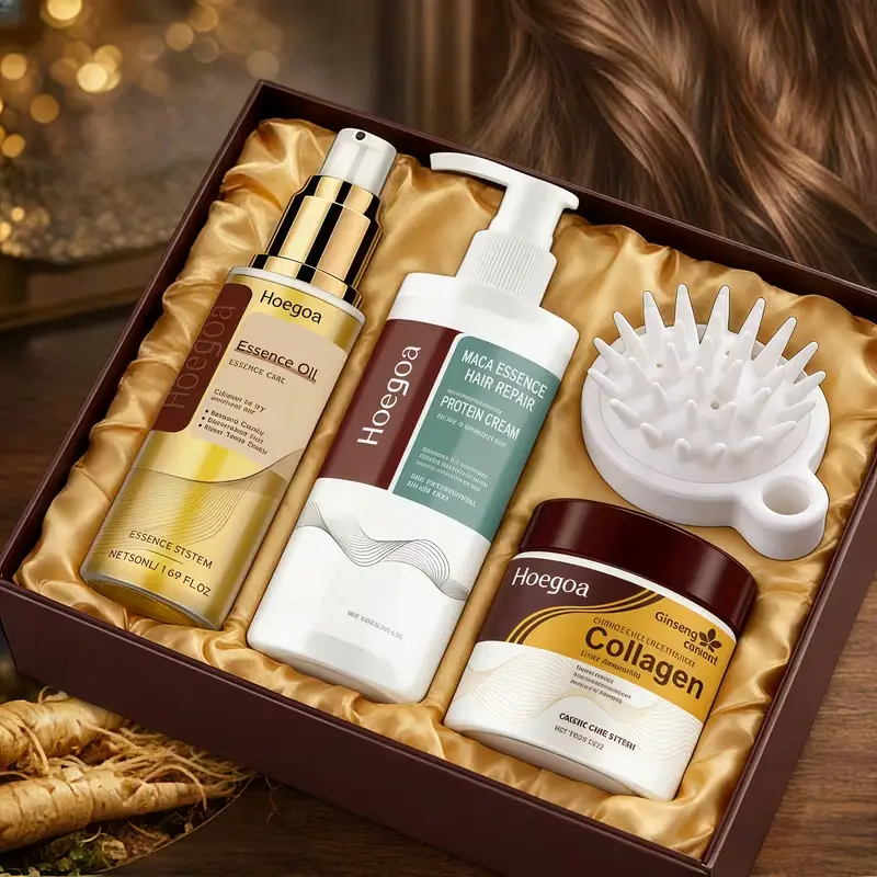 A luxury hair care gift box containing Maca Essence Oil, Protein Cream conditioner, Collagen hair mask, and a scalp massage brush.