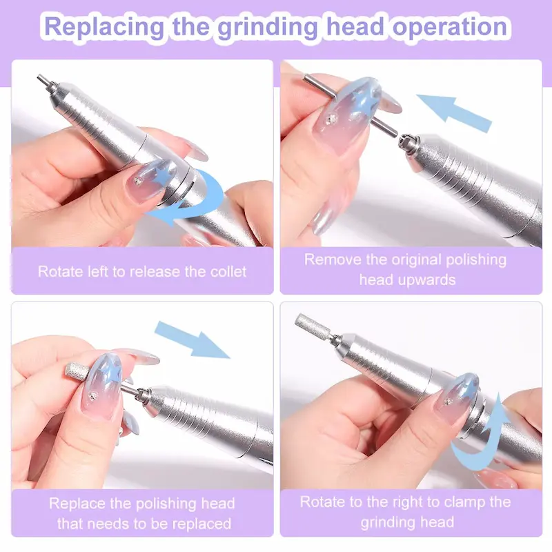 A four-step instructional graphic showing how to rotate the handpiece to release the collet and replace the grinding head.