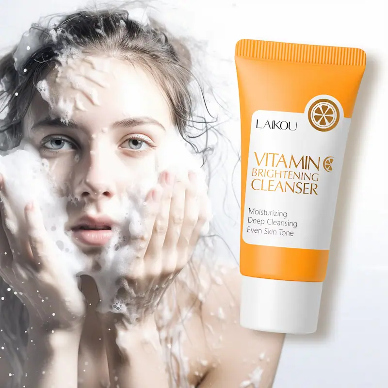A woman applying foamy Vitamin C cleanser to her face for a deep skin cleanse.