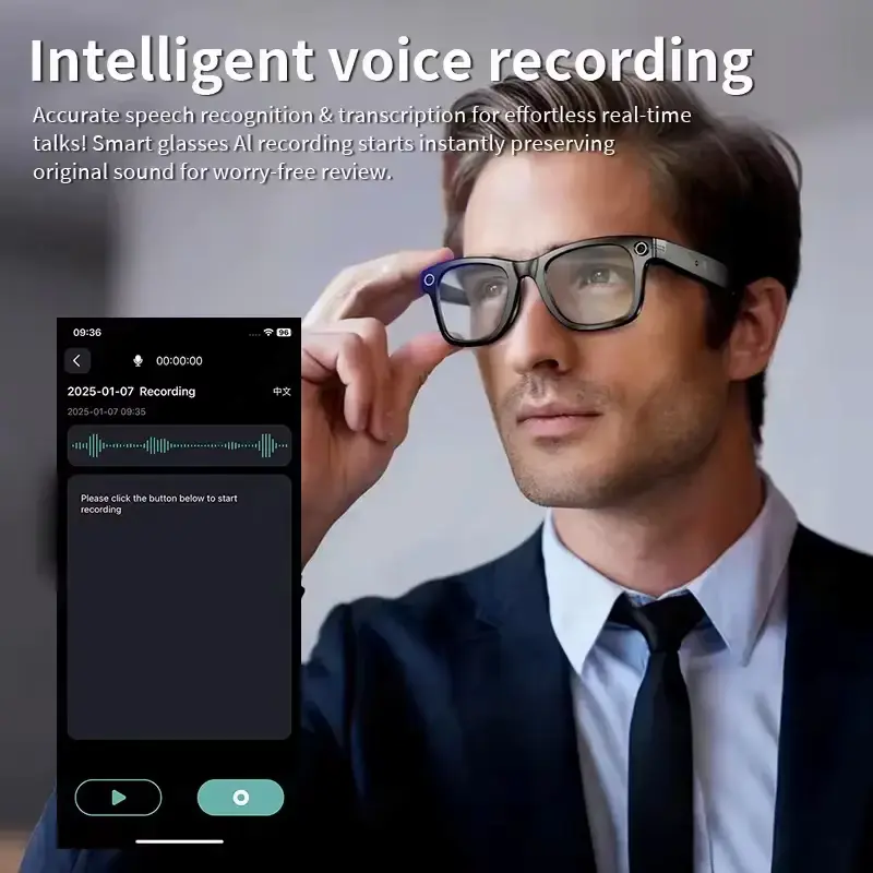 A professional man wearing smart glasses with an interface showing real-time voice recording and transcription.