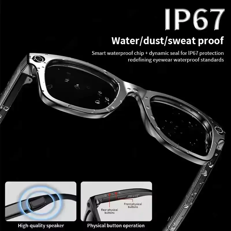 Water-resistant wearable tech frame covered in water droplets with built-in speakers and physical control buttons.