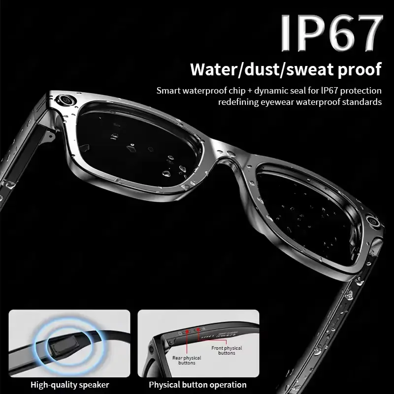 Close-up of smart glasses with water droplets showing IP67 water and dust resistance rating.