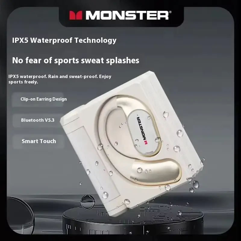 White open ear clip style audio device with water drops showing sweat resistance.