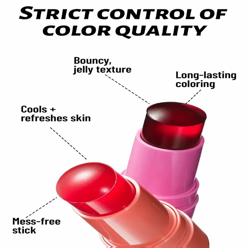 Infographic showing jelly makeup texture, cooling effect, and long-lasting color.