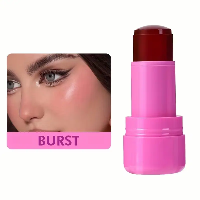 Model wearing "Burst" shade jelly tint showing a radiant pink glow.