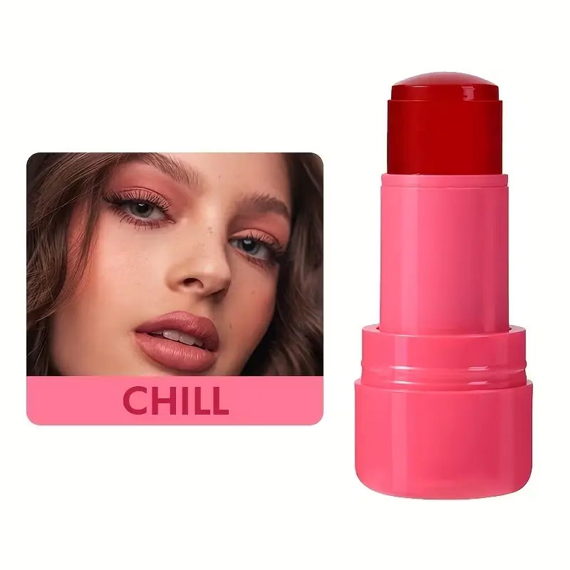 Model wearing "Chill" shade jelly tint on lips and cheeks.