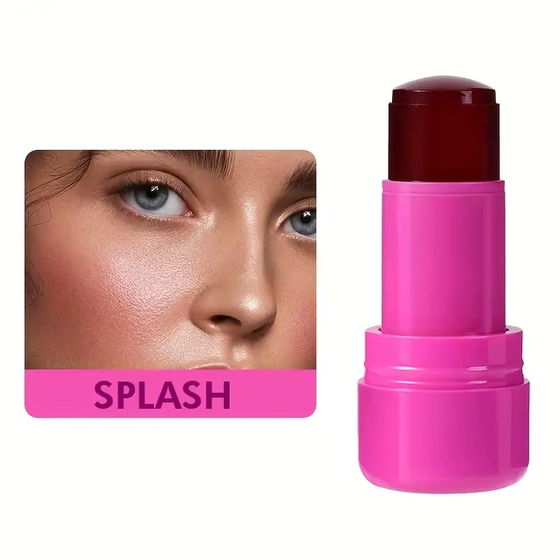Model wearing "Splash" shade jelly tint on cheekbones for a dewy look.