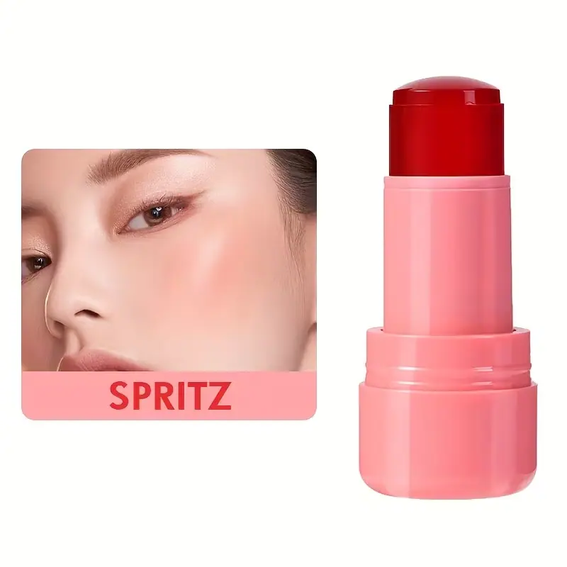 Model wearing "Spritz" shade jelly tint with a fresh, peach-toned glow.