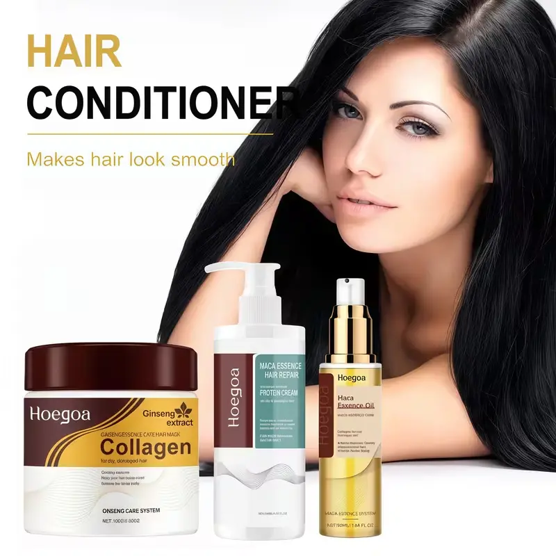 A woman with smooth, shiny black hair standing behind the Hoegoa hair care product range.