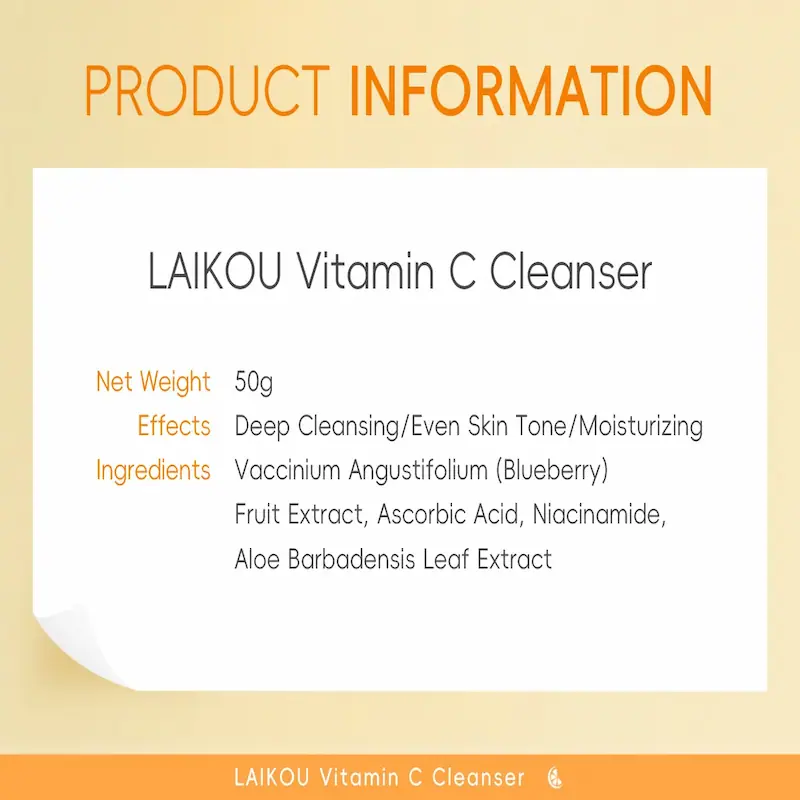 Infographic showing product information for LAIKOU Vitamin C Cleanser including 50g net weight and core ingredients.