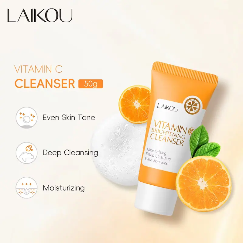 LAIKOU Vitamin C Brightening Cleanser 50g tube with orange slices and foam texture showing deep cleansing and moisturizing benefits.