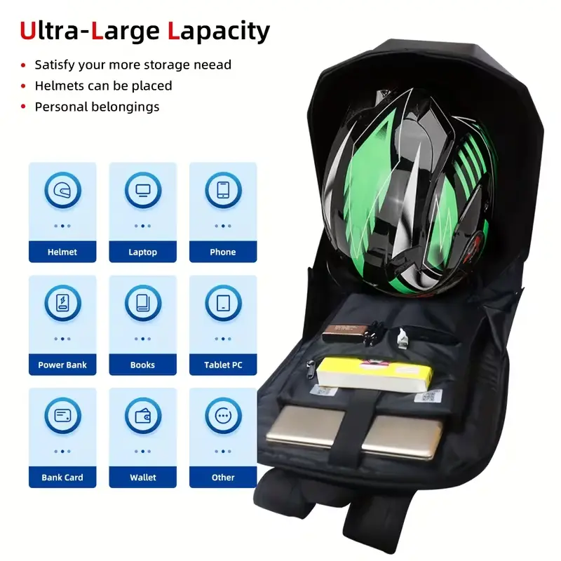Interior of backpack showing space for helmet, laptop, phone, and power bank.