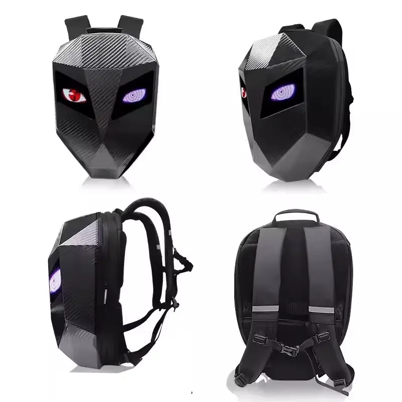 Multiple angles showing front, side, and back straps of the LED Motorcycle Rider Backpack.
