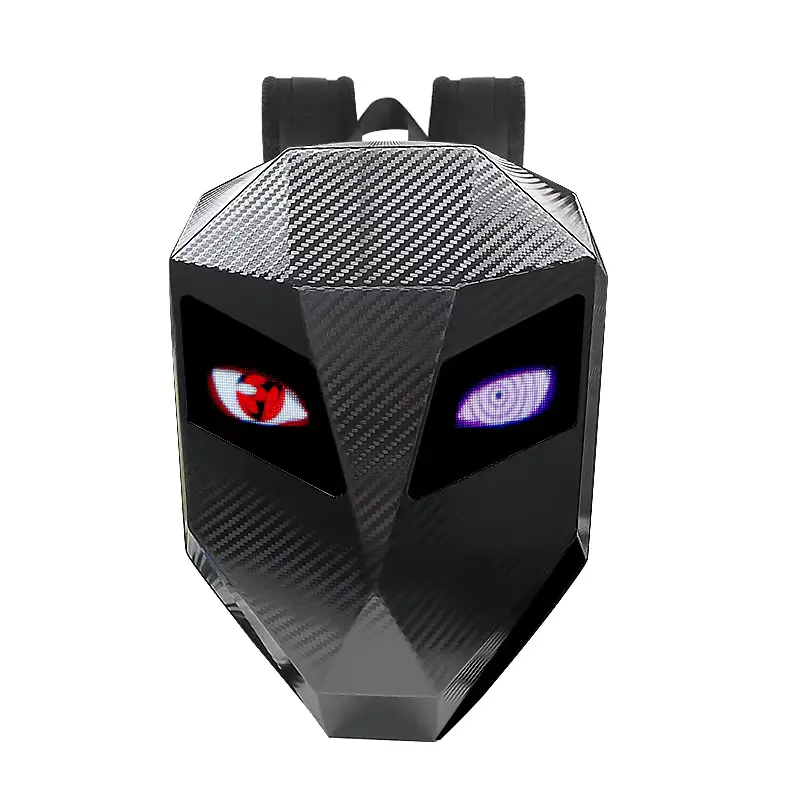 Front view of an LED Motorcycle Rider Backpack featuring customizable glowing red and purple eyes display.