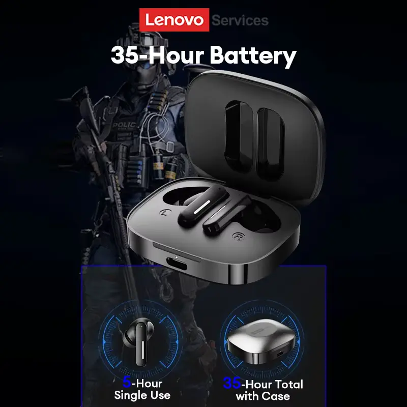 Close-up of black Lenovo LE209 case highlighting 5 hours of single use and 35 hours total with the case.