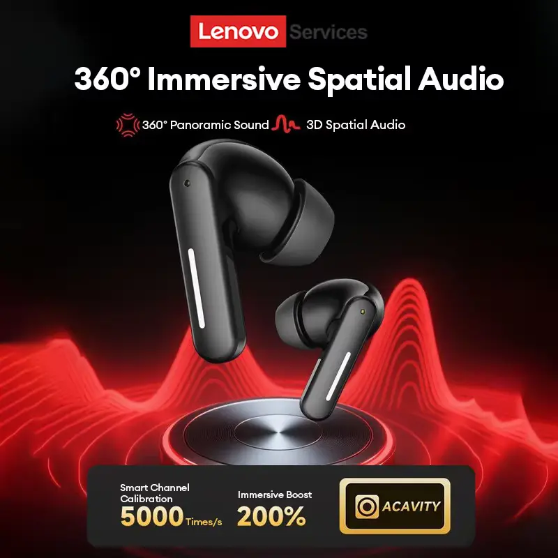 Lenovo LE209 earbuds with a red soundwave background, showcasing 360-degree immersive spatial audio.