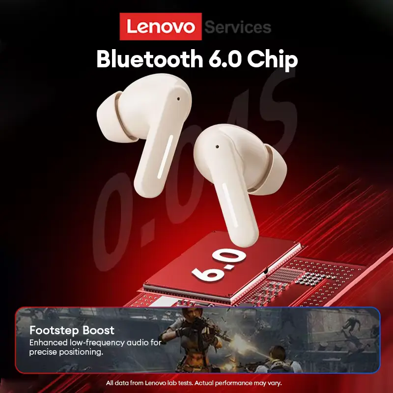 Internal view of the Bluetooth 6.0 chip inside the Lenovo LE209, emphasizing the "Footstep Boost" feature for gamers.