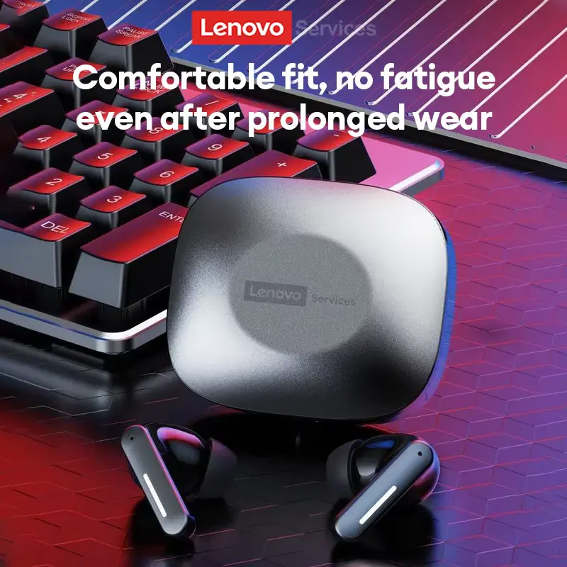 Lenovo LE209 earbuds placed next to a gaming keyboard, highlighting a fatigue-free comfortable fit.