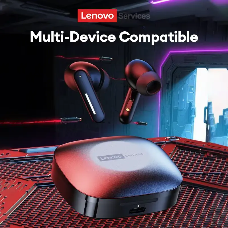 Lenovo LE209 earbuds hovering over the charging case in a futuristic setting, showing device compatibility.