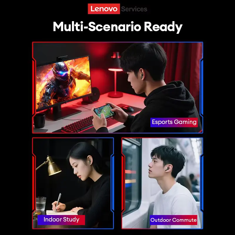 Three panels showing the Lenovo LE209 used for esports gaming, indoor studying, and outdoor commuting.