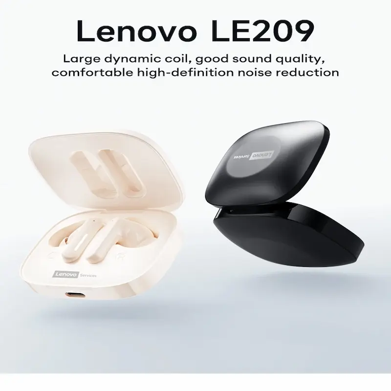 Lenovo LE209 wireless earbuds shown in elegant white and sleek black charging cases.