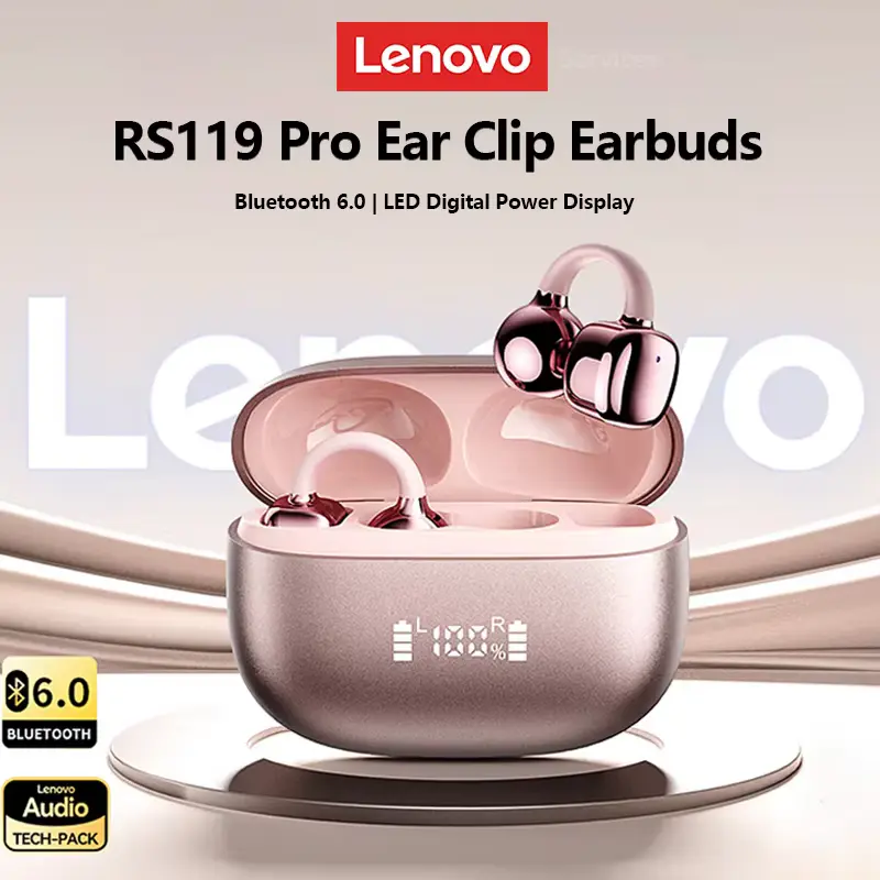 Comprehensive Lenovo RS119 Pro review showing the rose gold ear clip wireless Bluetooth 6.0 earphones.